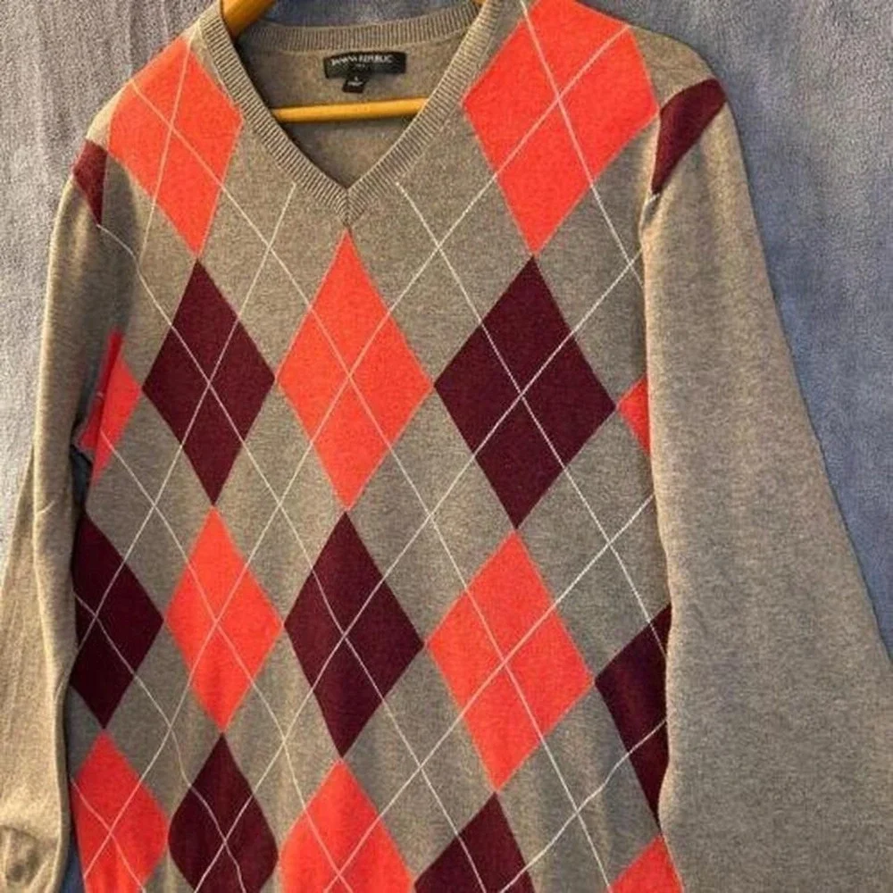 Banana Republic Mens‎ Large Argyle V-Neck Sweater Grey Orange Burgundy
